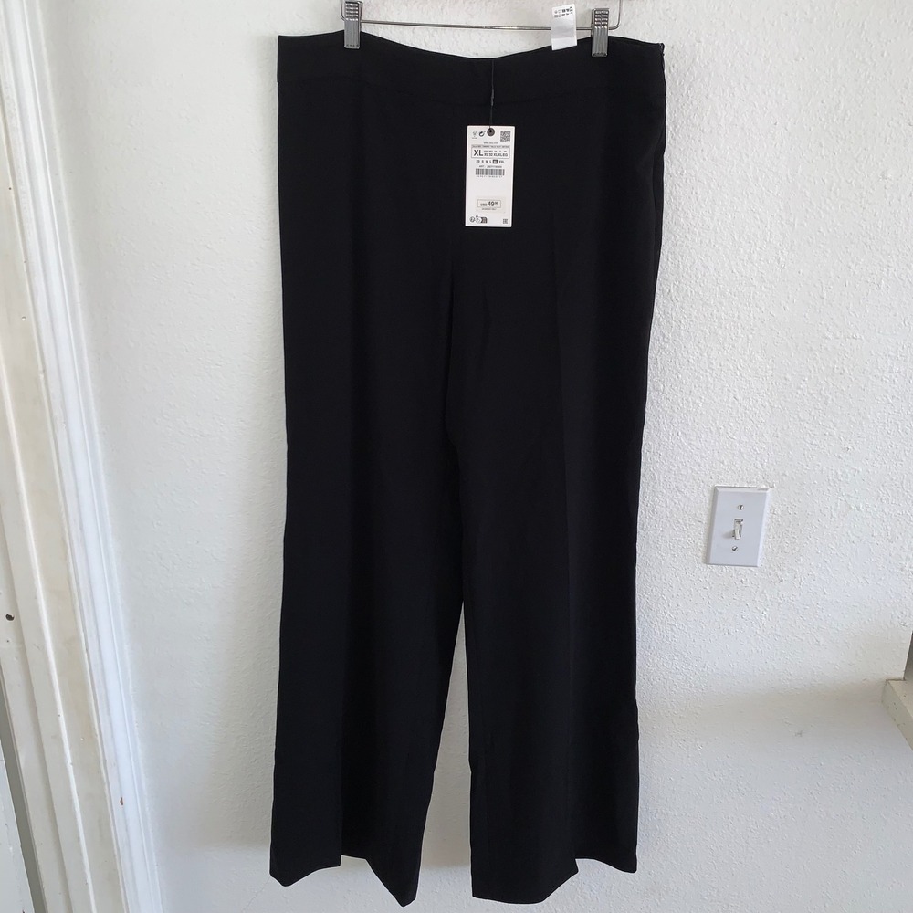 Zara Womens High Waisted Wide Leg Pants Black Side Zip 2927/118/800 XL NEW